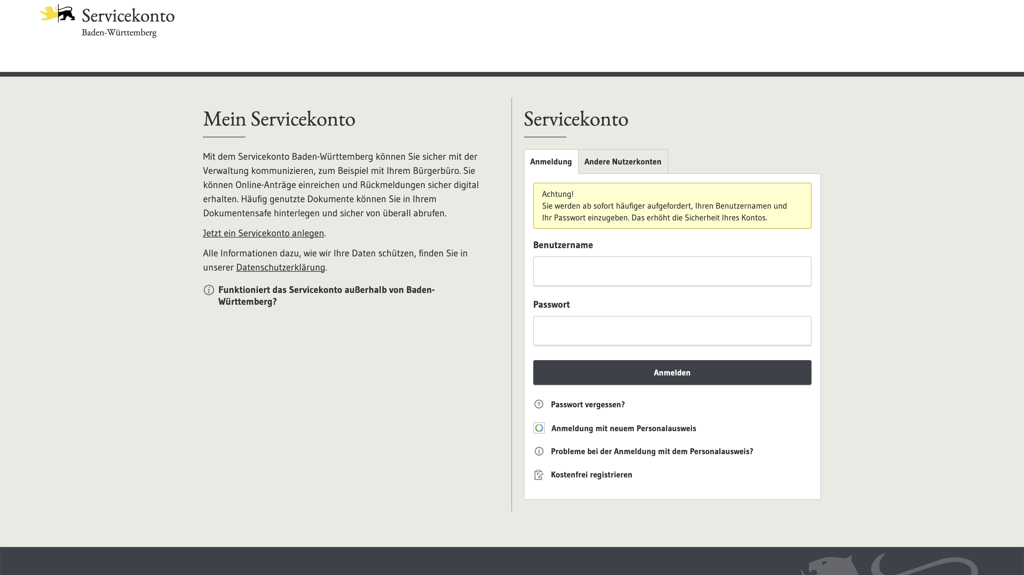 Screenshot Mein Servicekonto