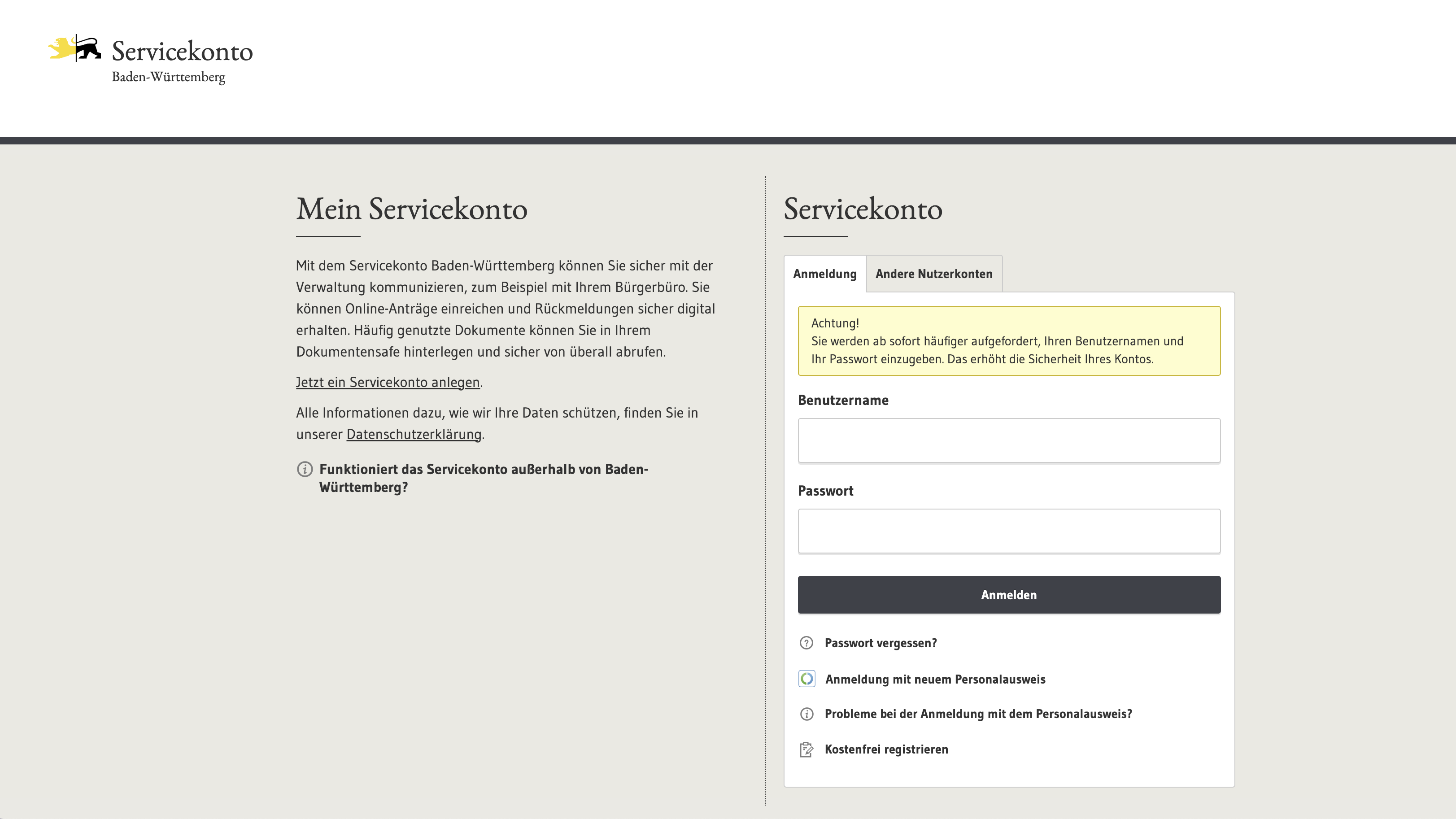 Screenshot Mein Servicekonto